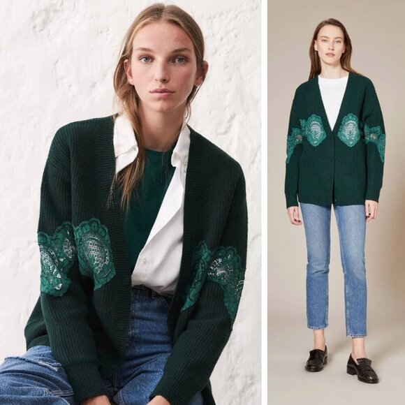 Sandro Floral Lace Trimmed Wool Blend Cardigan Bottle Green Fuzzy Knit Preppy - Picture 1 of 12